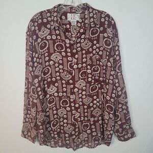 Vintage Le Paco Mens L Shirt Maroon White Tribal Long Sleeve Rayon Button Up 80s